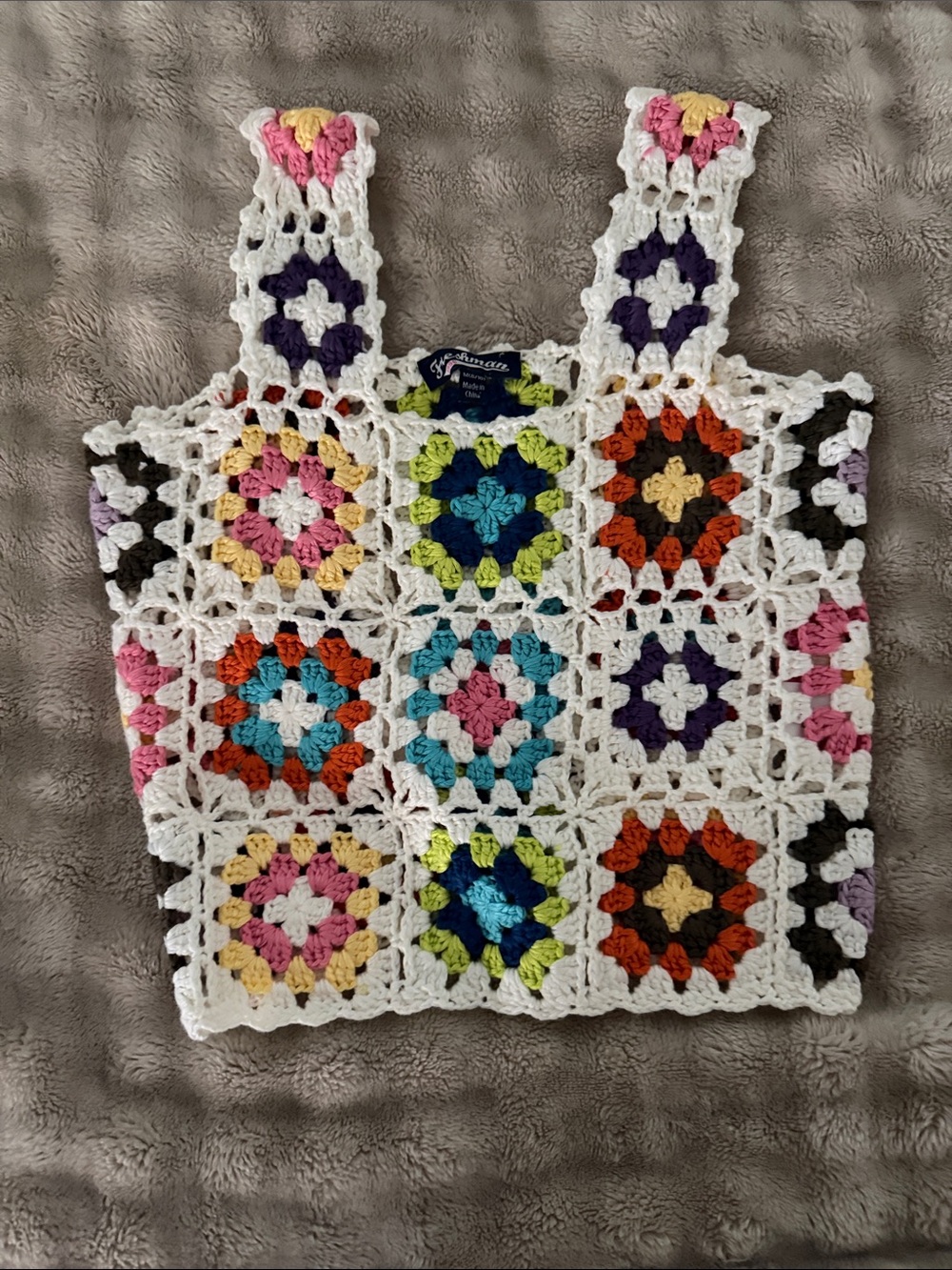 Freshman Crochet Granny Square Tank Top in White with Multicolor Accents